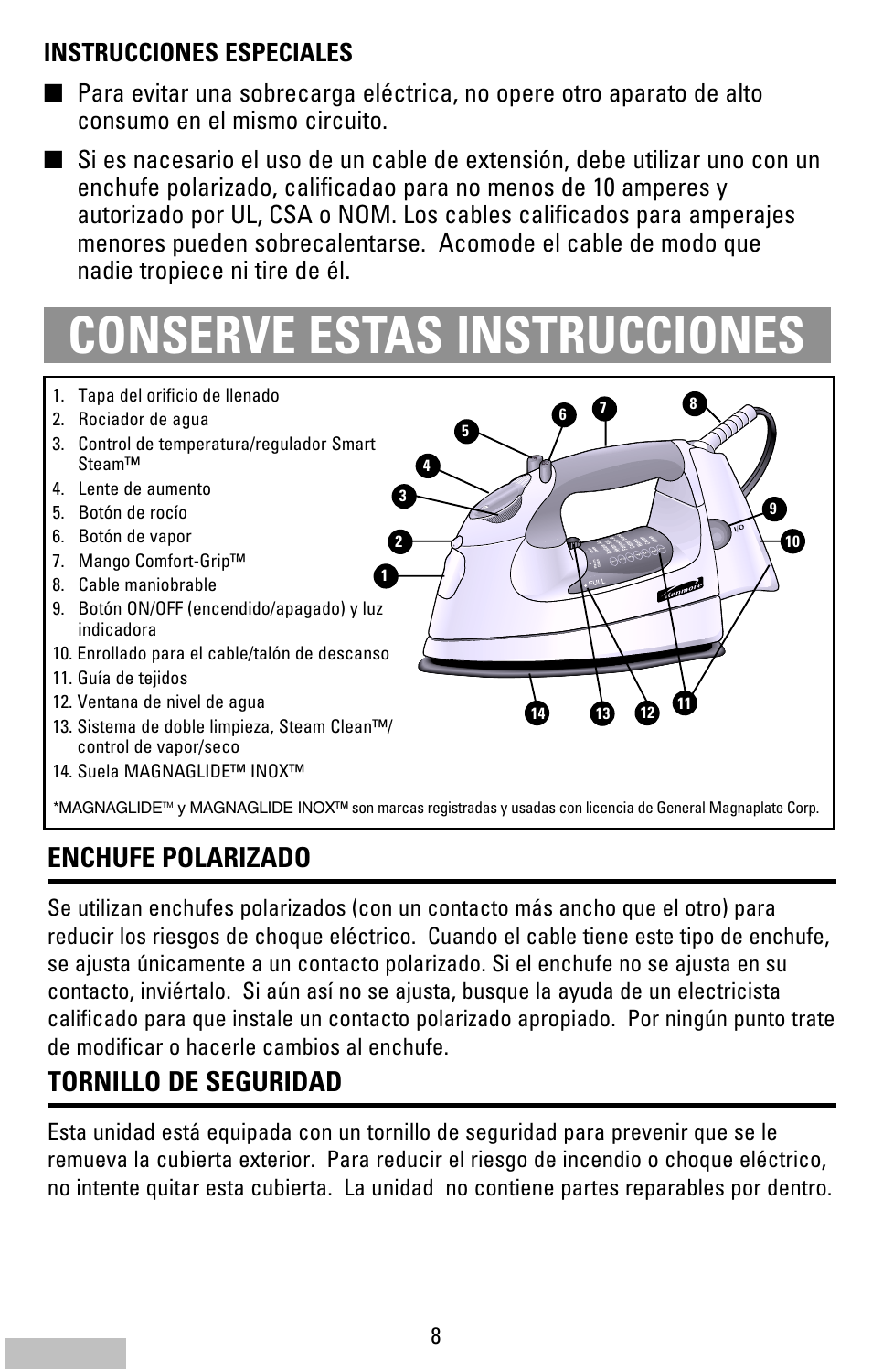 Conserve estas instrucciones, Enchufe polarizado, Tornillo de seguridad | Cover | Kenmore 62984 User Manual | Page 8 / 12