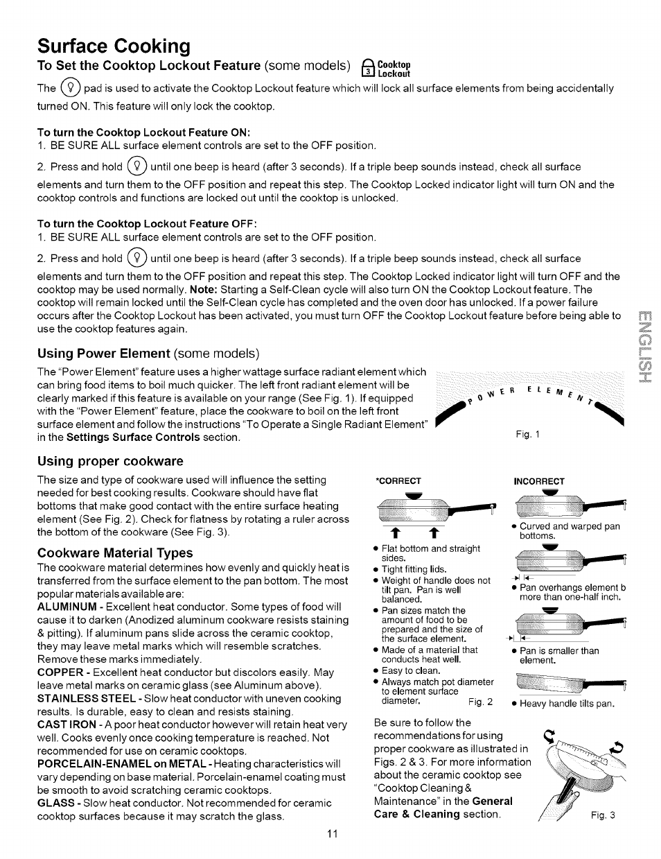 Surface cooking, Yj lockout, To turn the cooktop lockout feature on | To turn the cooktop lockout feature off, Using power element (some models), Using proper cookware, Cookware material types | Kenmore 790.9621 User Manual | Page 11 / 28