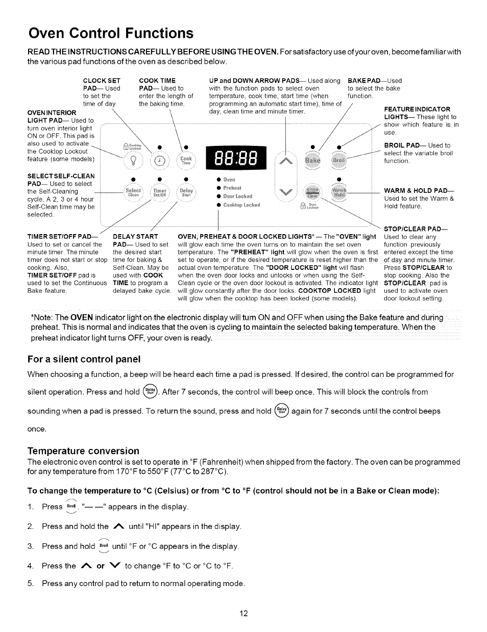 Oven control functions, For a silent control panel, Temperature conversion | Preiieal, Cüicfklop locked | Kenmore 790.9621 User Manual | Page 12 / 28