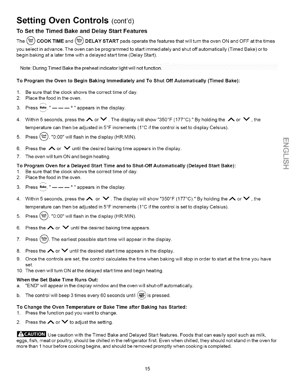 When the set bake time runs out, Setting oven controls | Kenmore 790.9621 User Manual | Page 15 / 28