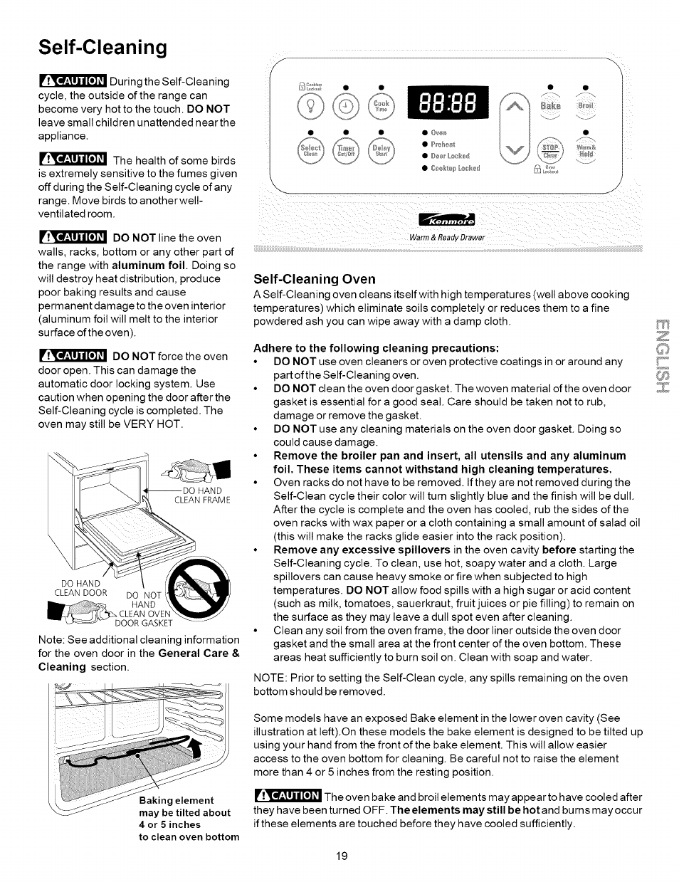 Self-cleaning, Self-cleaning oven, Adhere to the following cleaning precautions | Kenmore 790.9621 User Manual | Page 19 / 28