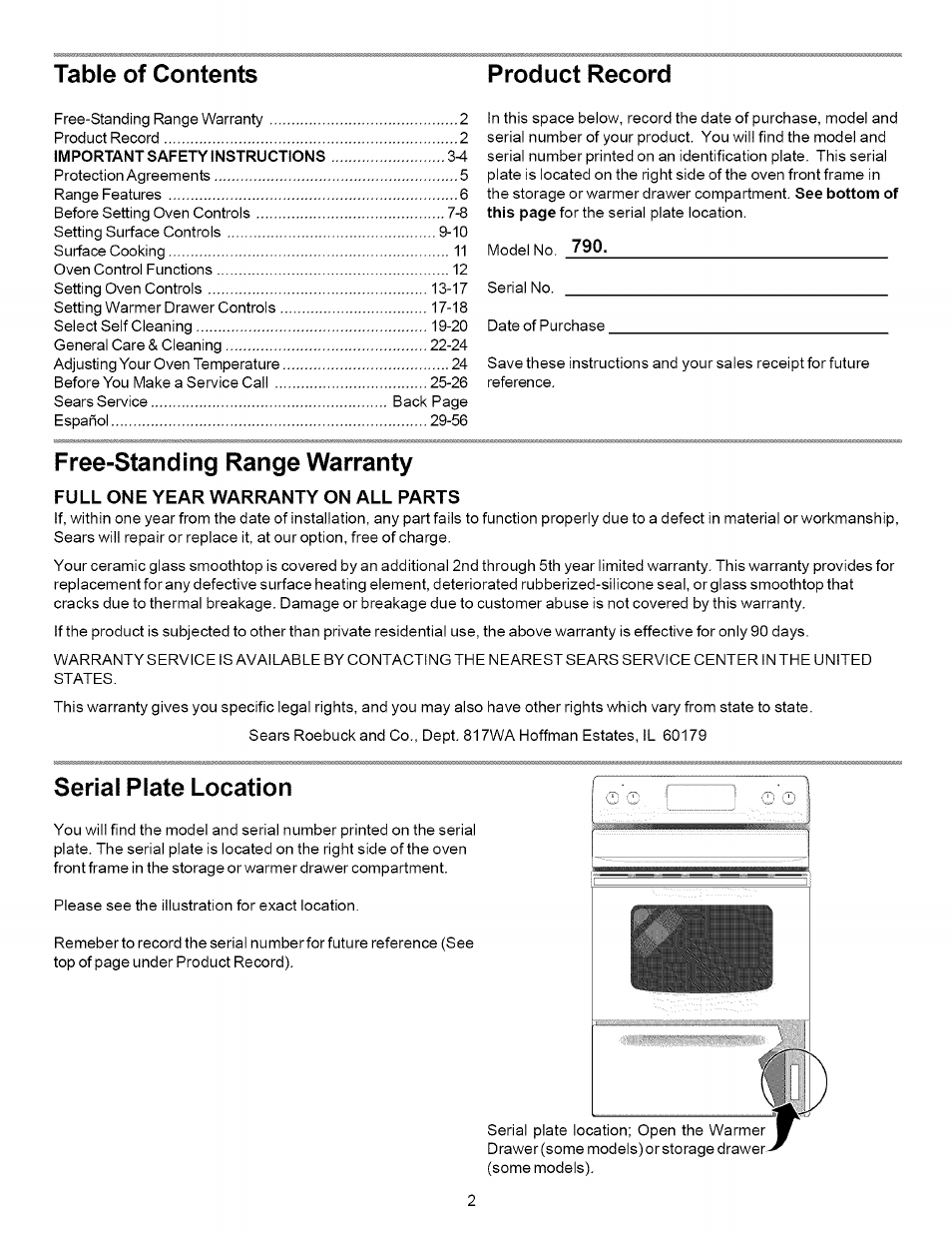 Free-standing range warranty, Full one year warranty on all parts, Serial plate location | Table of contents product record | Kenmore 790.9621 User Manual | Page 2 / 28