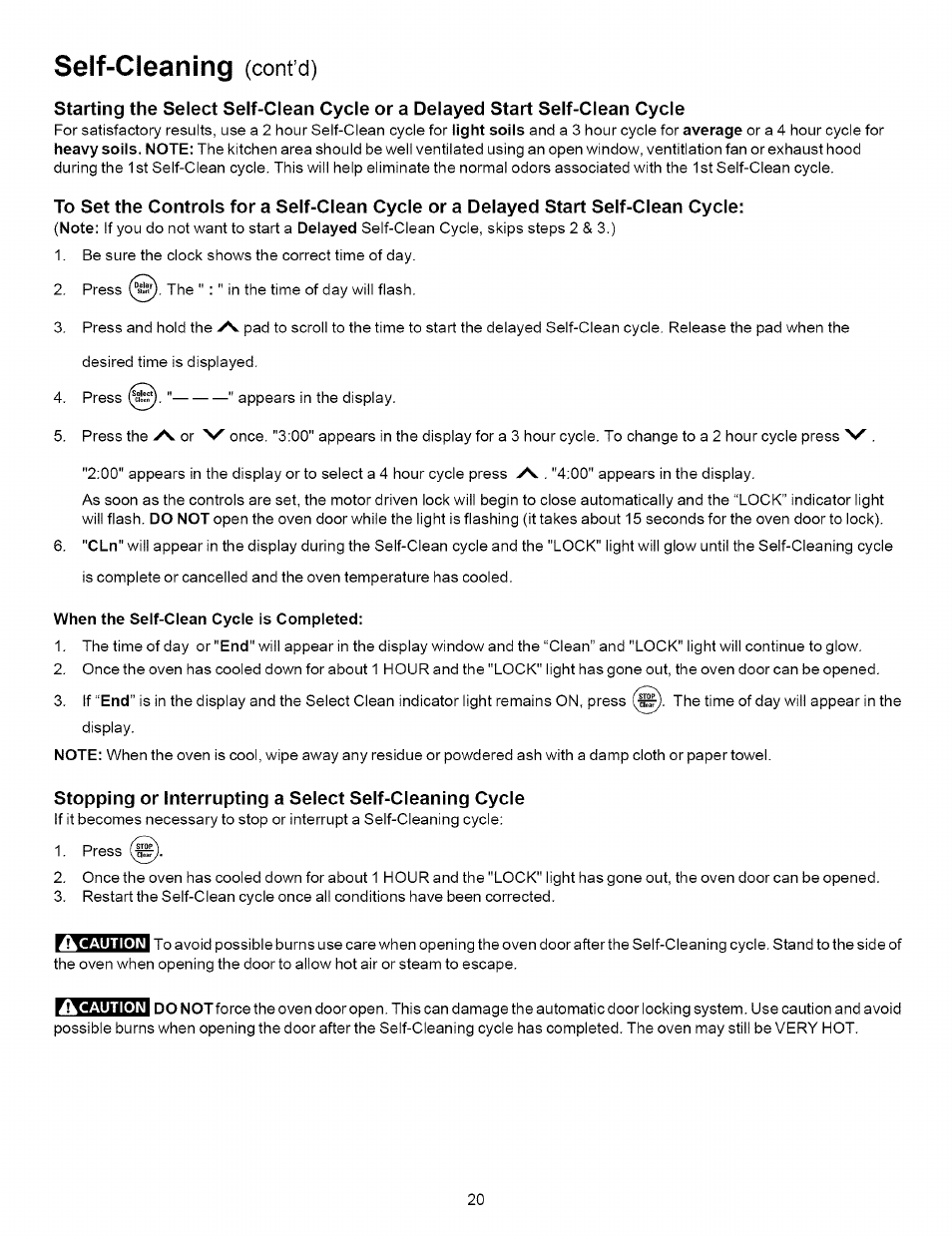 Self-cleaning (contd), When the self-clean cycle is completed, Self-cleaning | Contd) | Kenmore 790.9621 User Manual | Page 20 / 28