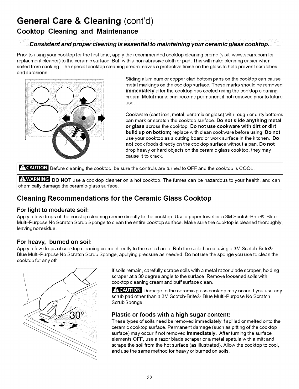 General care & cleaning (cont’d), Cooktop cleaning and maintenance, For light to moderate soil | For heavy, burned on soil, Plastic or foods with a high sugar content, General care & cleaning -24 | Kenmore 790.9621 User Manual | Page 22 / 28