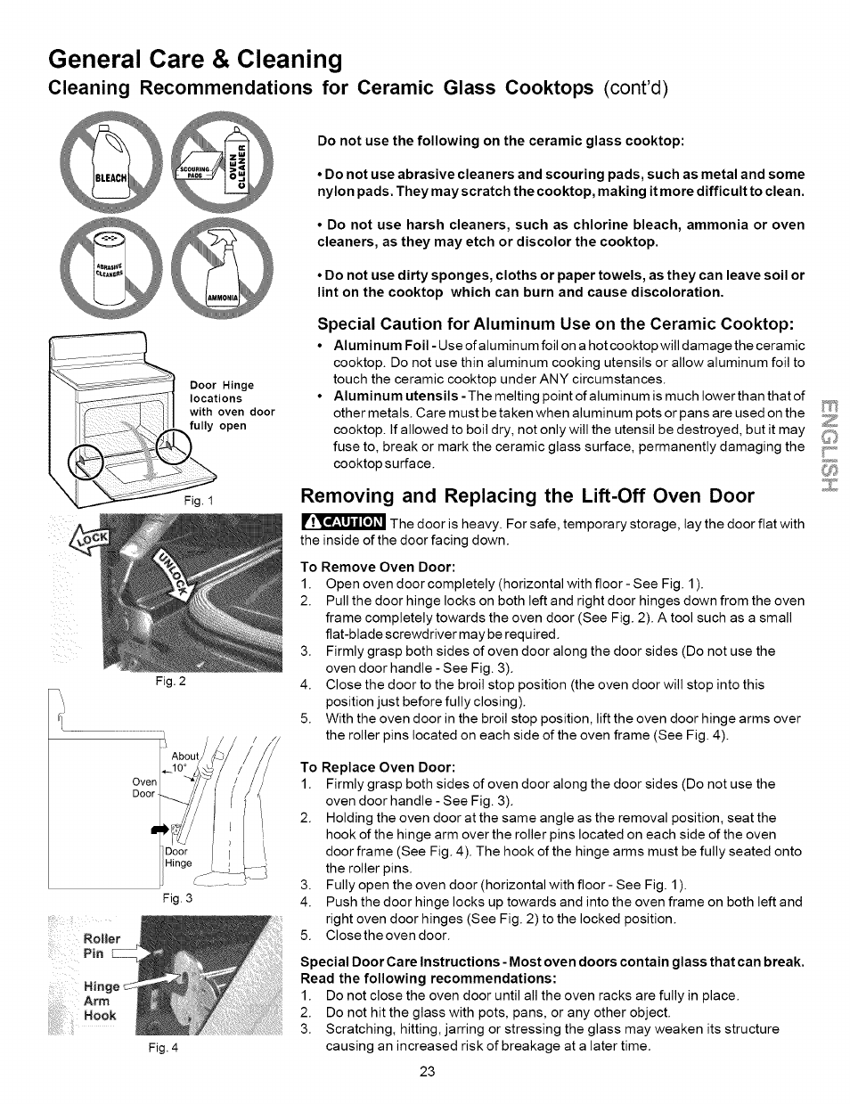 General care & cleaning, Removing and replacing the lift-off oven door, To remove oven door | To replace oven door | Kenmore 790.9621 User Manual | Page 23 / 28