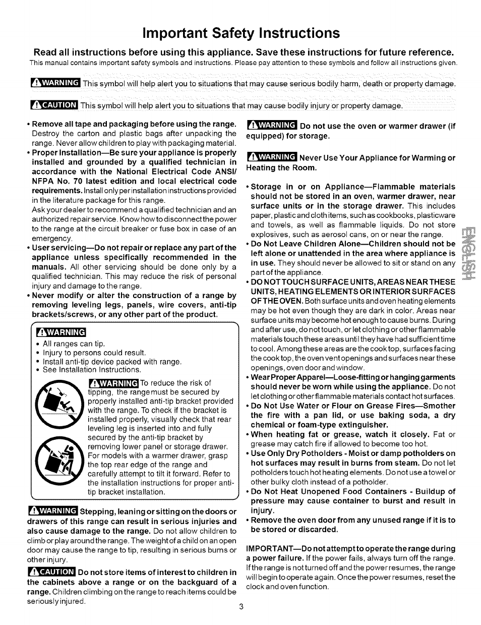 Important safety instructions, Caution, Warning | 43^ warning | Kenmore 790.9621 User Manual | Page 3 / 28