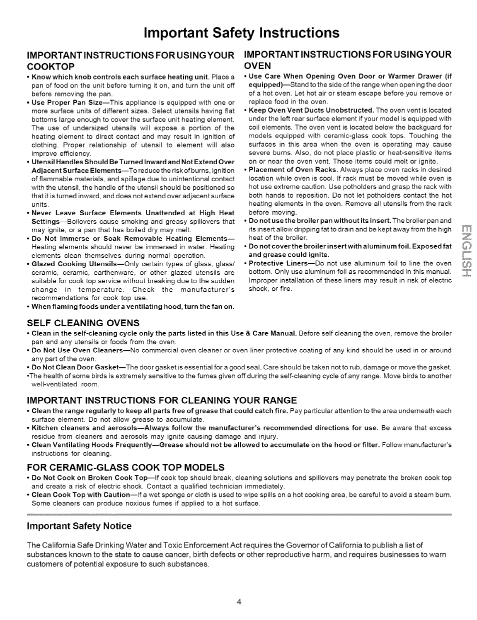 Important safety instructions, Important instructions for using your cooktop, Important instructions for using your oven | Self cleaning ovens, Important instructions for cleaning your range, For ceramic-glass cook top models, Important safety notice | Kenmore 790.9621 User Manual | Page 4 / 28