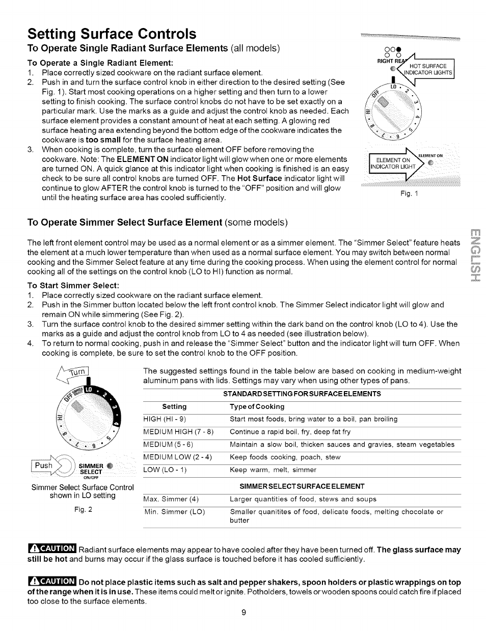 To operate a single radiant element, To start simmer select, Setting surface controls | Kenmore 790.9621 User Manual | Page 9 / 28