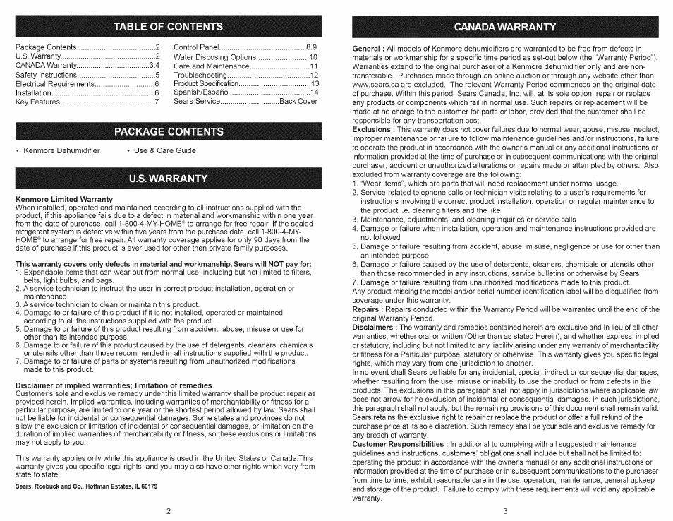 Table of contents canada warranty, Package contents, U.s. warranty | Kenmore 251.50701 User Manual | Page 2 / 8