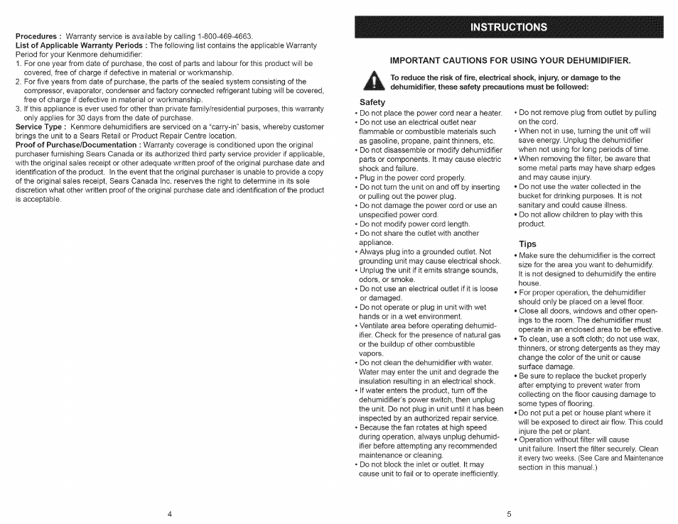 Important cautions for using your dehumidifier, Safety, Tips | Instructions | Kenmore 251.50701 User Manual | Page 3 / 8