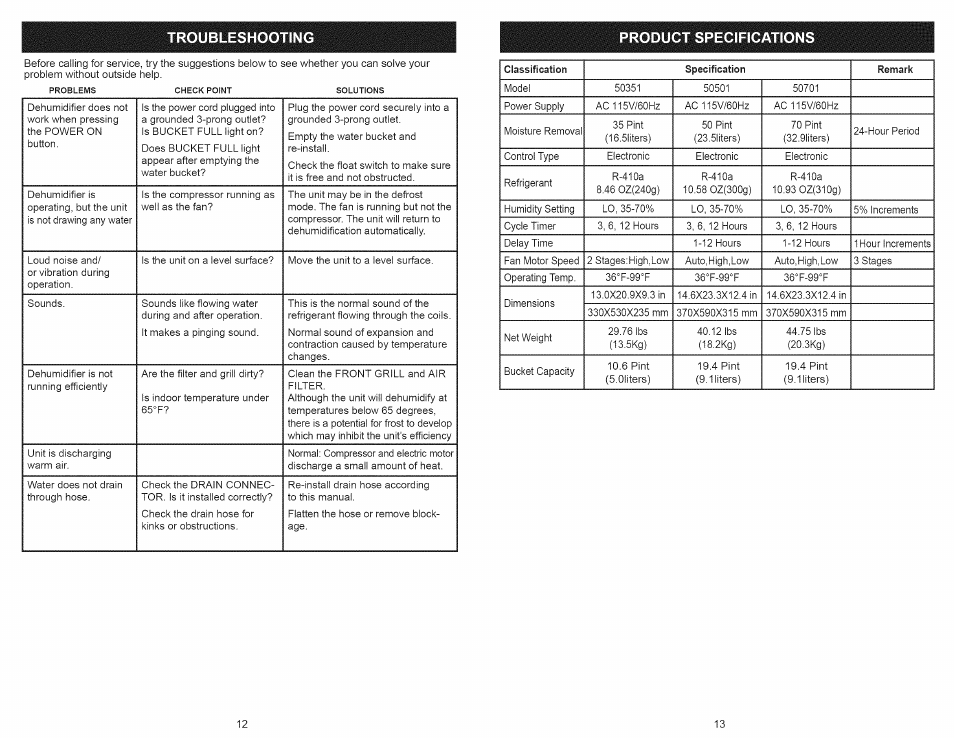 Troubleshooting product specifications | Kenmore 251.50701 User Manual | Page 7 / 8