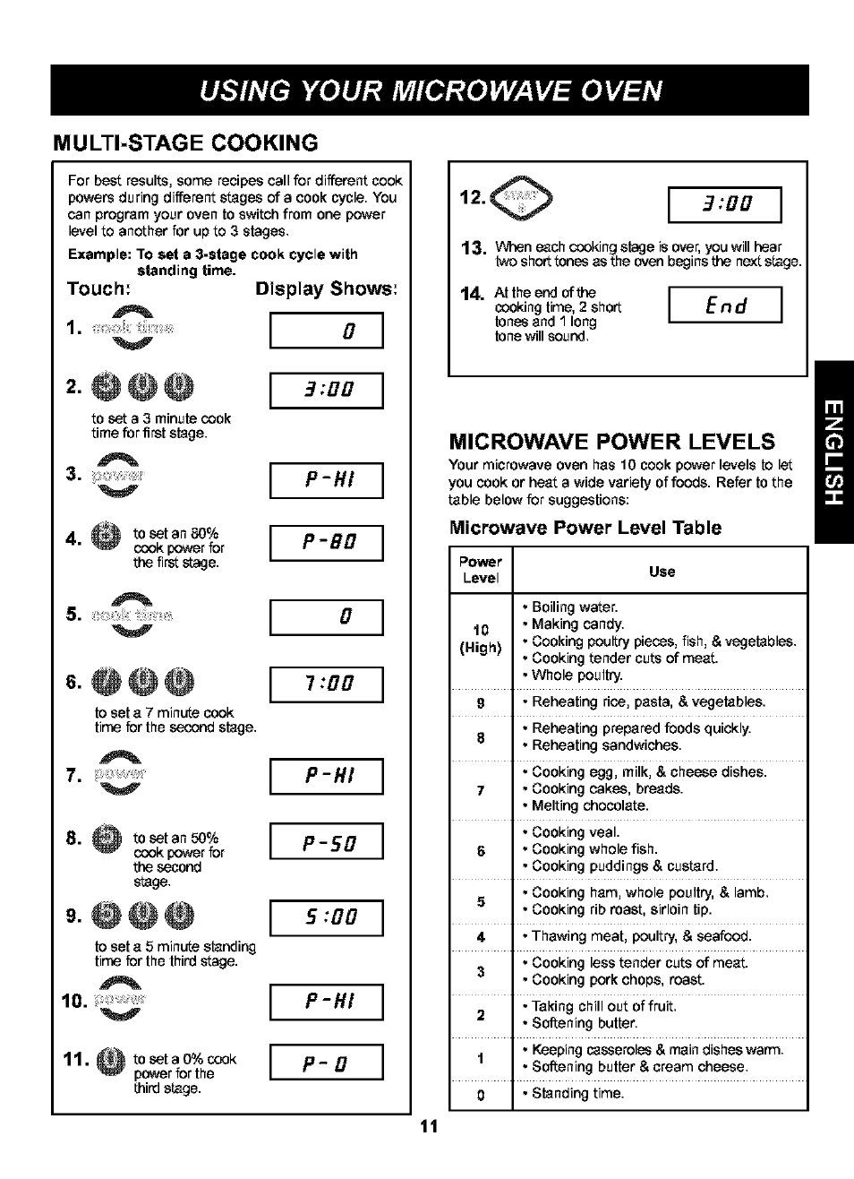 Multi-stage cooking, Touch; display shows, Microwave power levels | Microwave power level table, Using your microwave oven, Ctwsif ti | Kenmore 721.63109 User Manual | Page 11 / 50