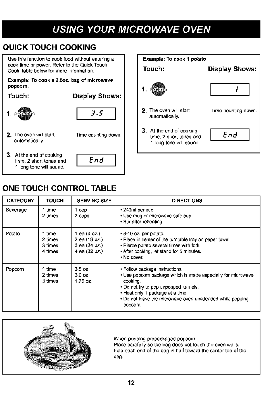 Quick touch cooking, Touch, Display shows | One touch control table, Using your microwave oven, E nd, Touch; display shows | Kenmore 721.63109 User Manual | Page 12 / 50