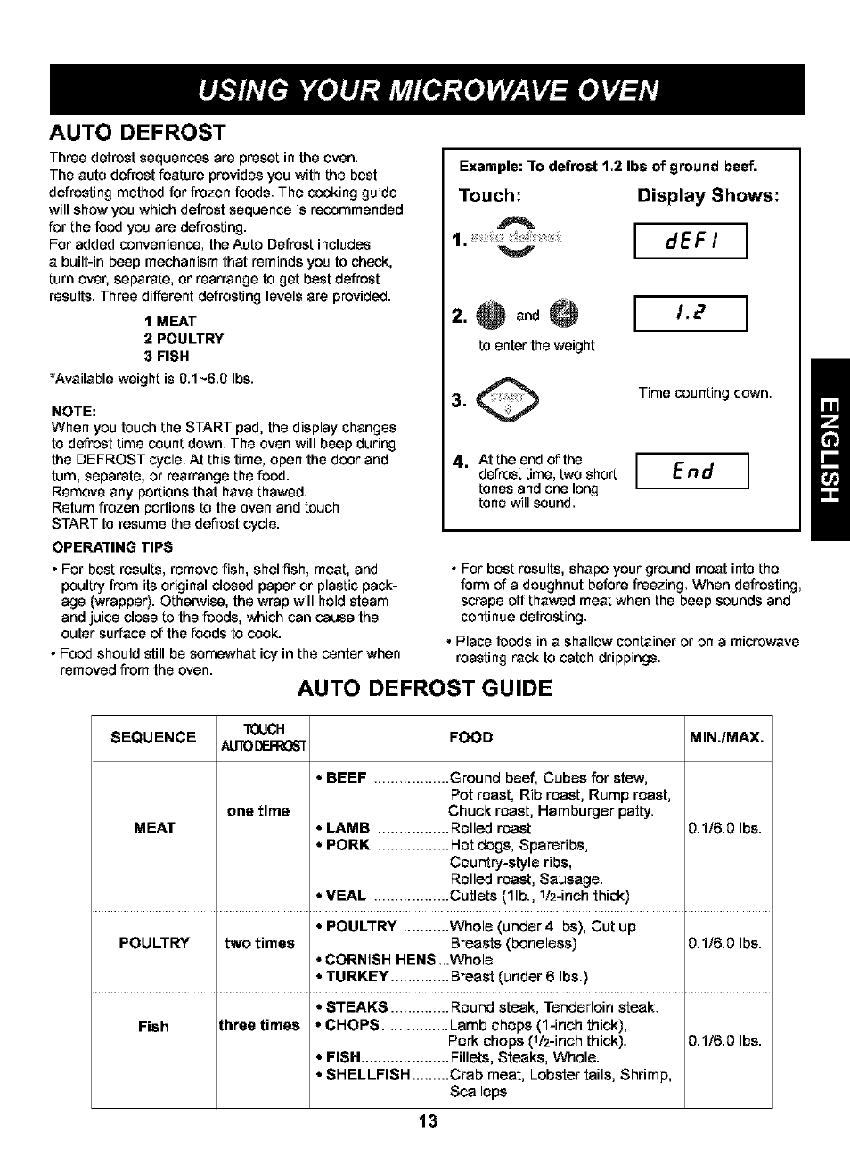 Auto defrost, Touch; display shows, Auto defrost guide | Using your microwave oven, Defi | Kenmore 721.63109 User Manual | Page 13 / 50