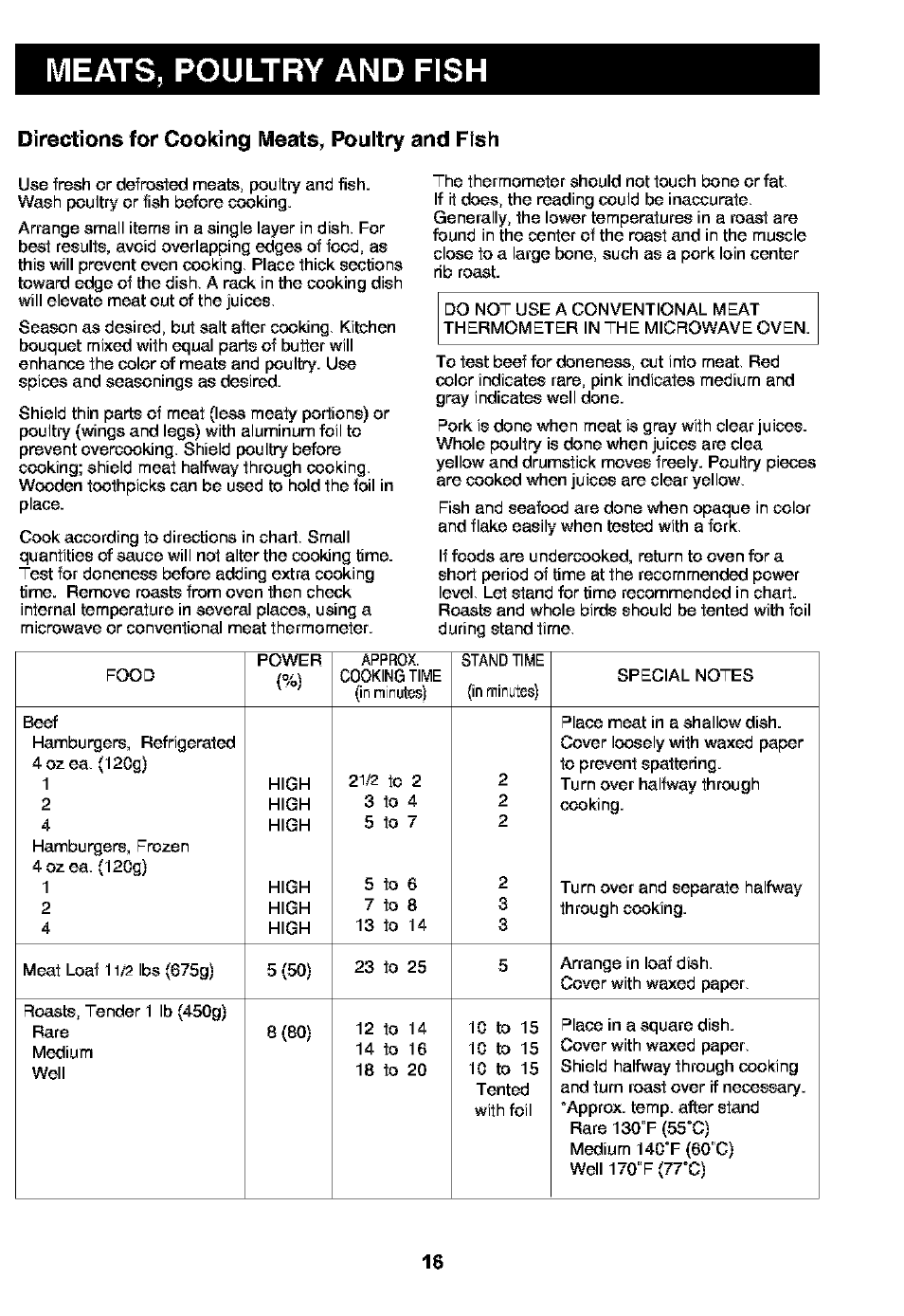 Directions for cooking meats, poultry and fish, Meats, poultry and fish | Kenmore 721.63109 User Manual | Page 16 / 50