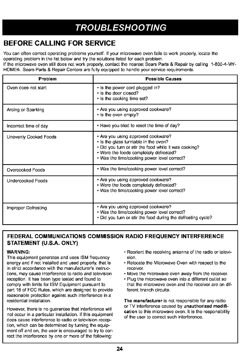 Before calling for service, Troubleshooting | Kenmore 721.63109 User Manual | Page 24 / 50