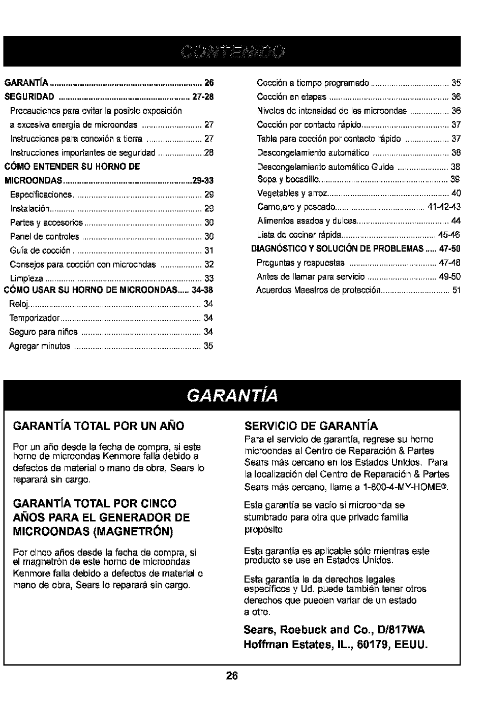 Garantía total por un año, Servicio de garantia, Garantia | Kenmore 721.63109 User Manual | Page 26 / 50