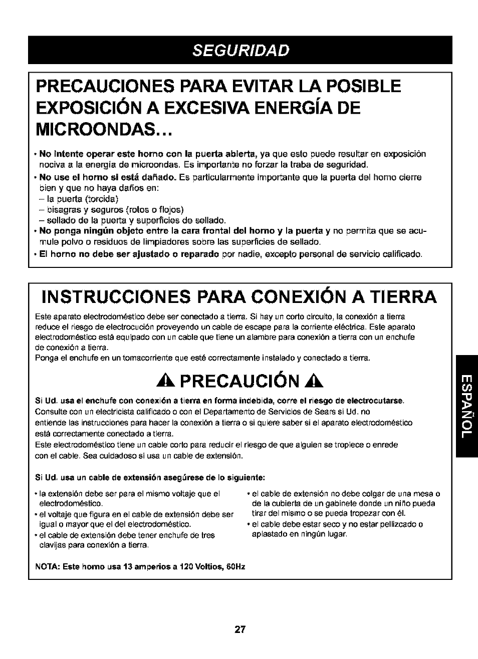 Instrucciones para conexion a tierra, A precaución a, Instrucciones para conexión a tierra | Seguridad | Kenmore 721.63109 User Manual | Page 27 / 50