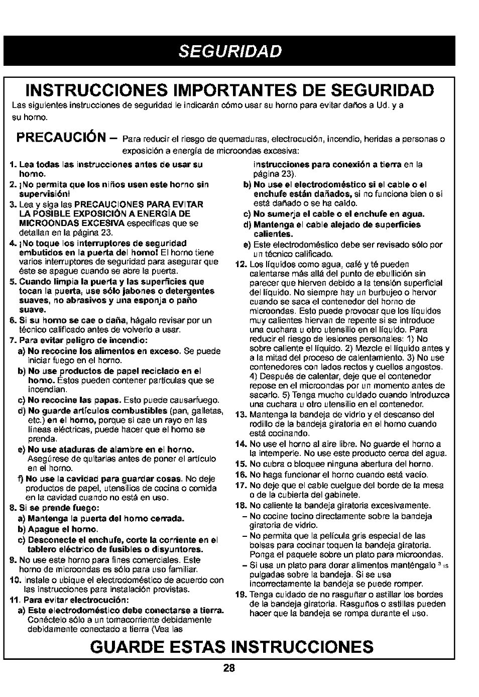 Instrucciones importantes de seguridad, Guarde estas instrucciones, Seguridad instrucciones importantes de seguridad | Precaución | Kenmore 721.63109 User Manual | Page 28 / 50