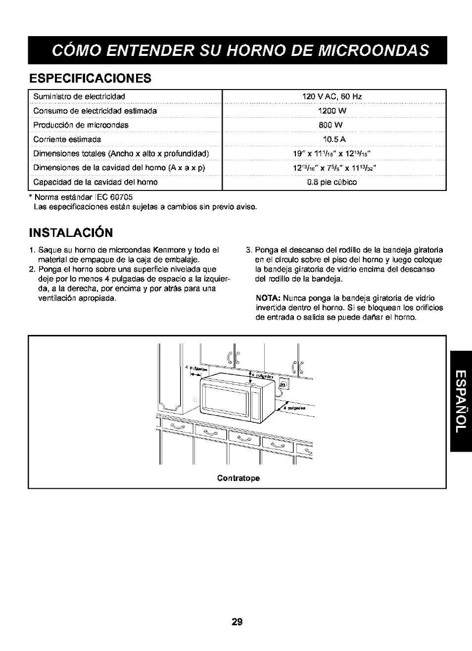 Especificaciones, Instalación, Cómo entender su horno de microondas | 800 w | Kenmore 721.63109 User Manual | Page 29 / 50