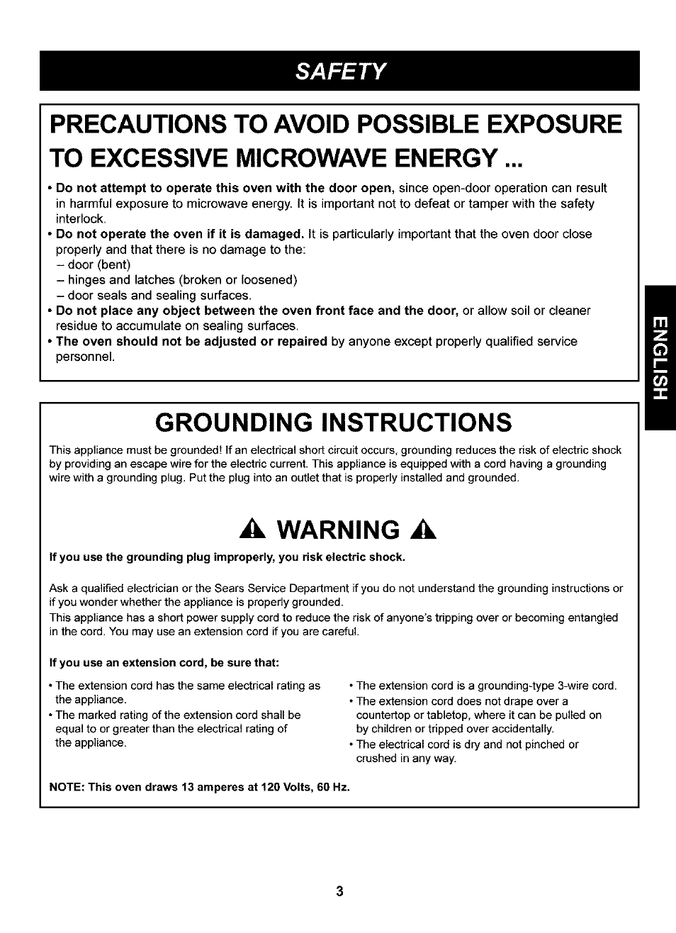 Grounding instructions, A warning a, Safety | Kenmore 721.63109 User Manual | Page 3 / 50