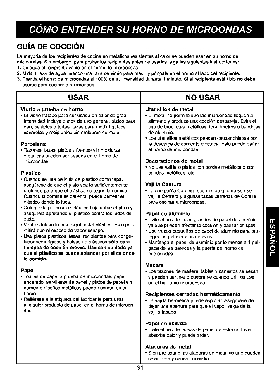 Guía de cocción, Usar, No usar | Cómo entender su horno de microondas, Usar no usar | Kenmore 721.63109 User Manual | Page 31 / 50