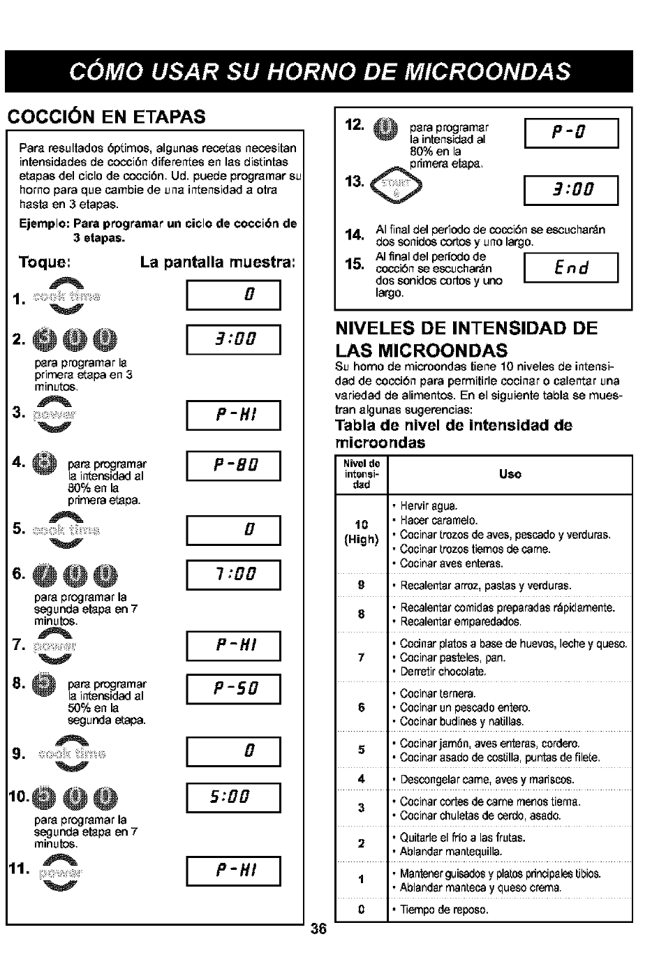 Cocción en etapas, Toque, La pantalla muestra | Niveles de intensidad de las microondas, Tabla de nivel de intensidad de microondas, Cómo usar su horno de microondas | Kenmore 721.63109 User Manual | Page 36 / 50