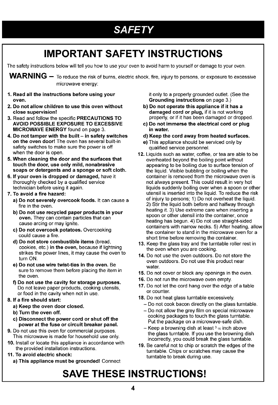 Important safety instructions, Save these instructions, Safety important safety instructions | Warning | Kenmore 721.63109 User Manual | Page 4 / 50