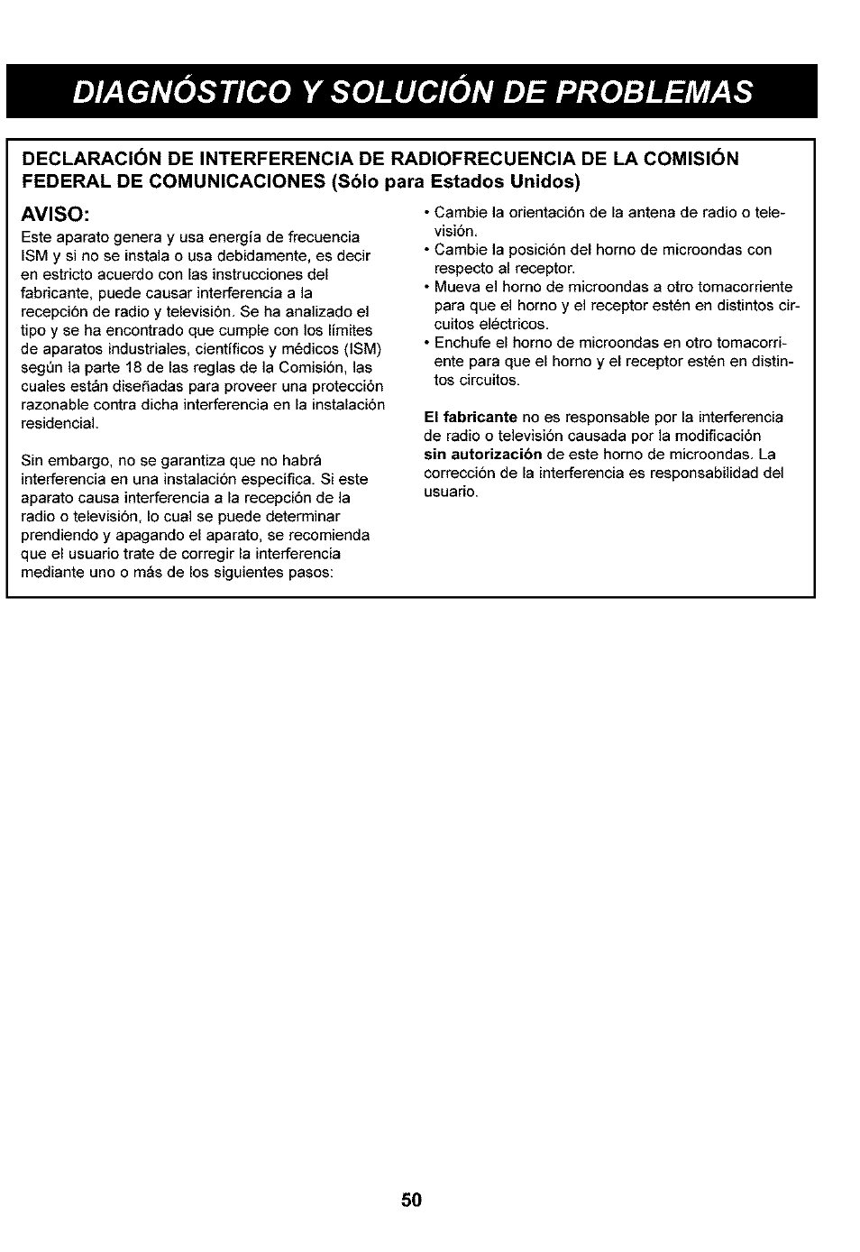 Aviso, Diagnóstico y solución de problemas | Kenmore 721.63109 User Manual | Page 48 / 50