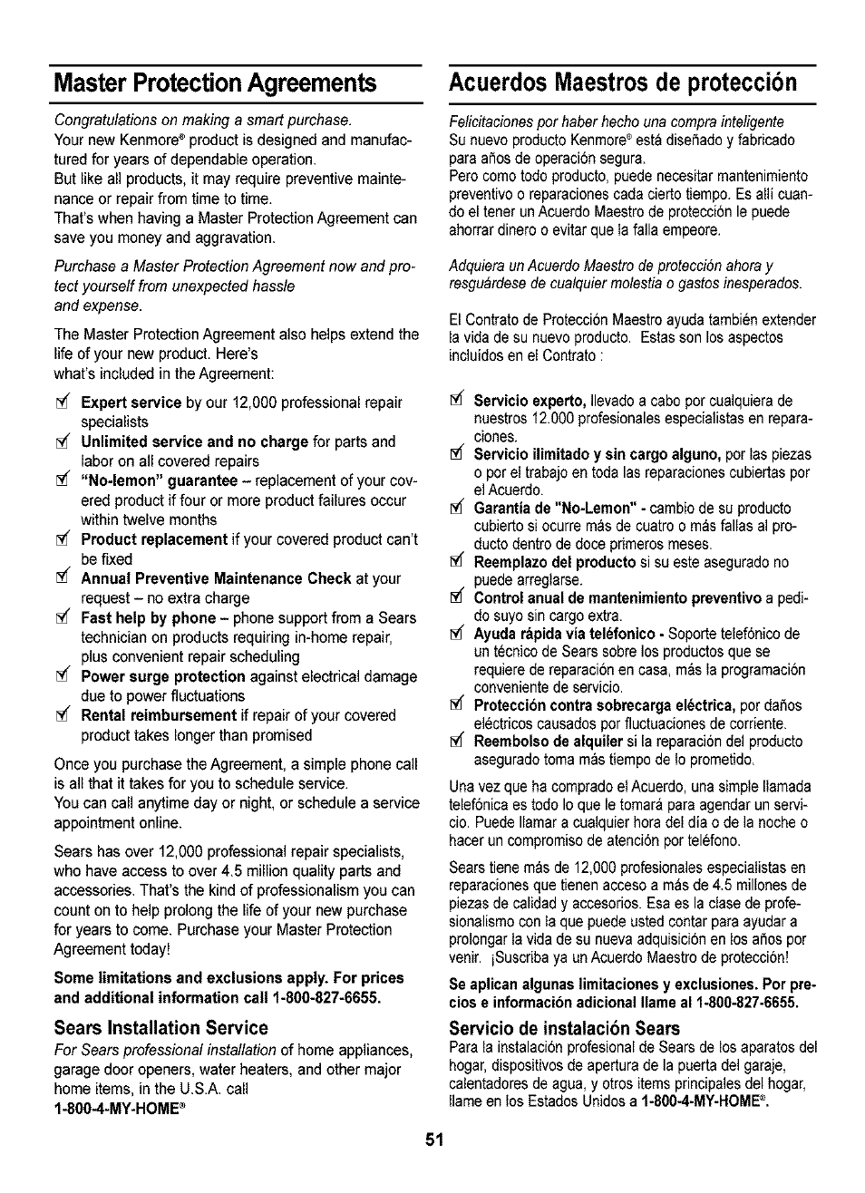 Sears installation service, Servicio de instalación sears | Kenmore 721.63109 User Manual | Page 49 / 50