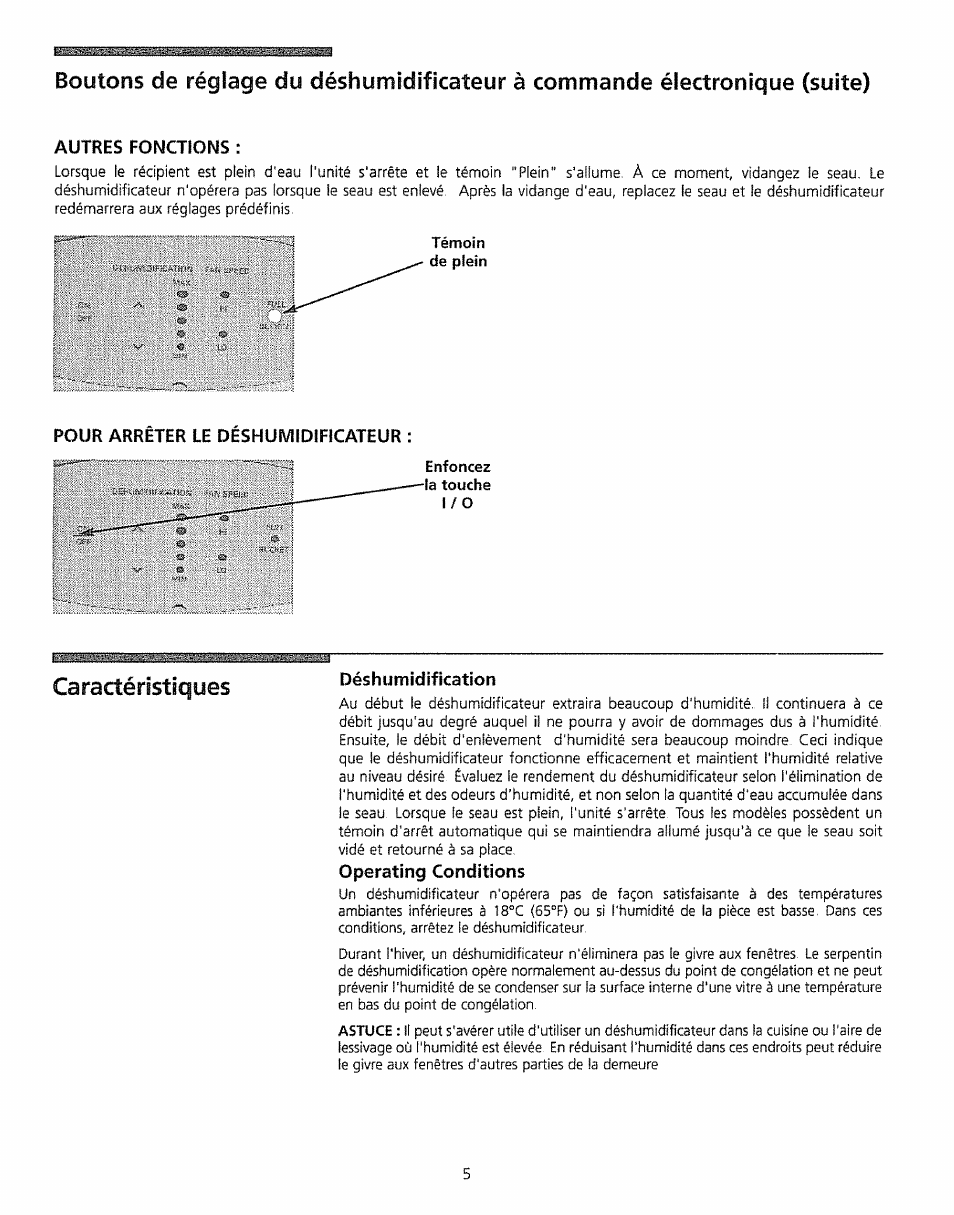 Autres fonctions, Pour arrêter le déshumidificateur, Déshumidification | Operating conditions, Caractéristiques | Kenmore 5065 User Manual | Page 20 / 24