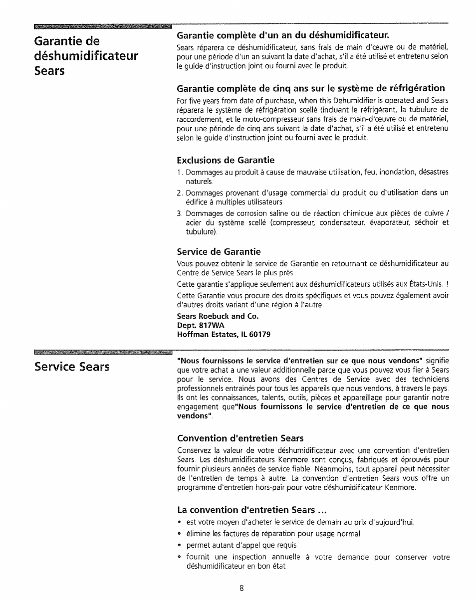 Garantie complète d'un an du déshumidificateur, Exclusions de garantie, Service de garantie | Convention d'entretien sears, La convention d'entretien sears, Garantie de, Sears, Service sears, Déshumidificateur | Kenmore 5065 User Manual | Page 23 / 24