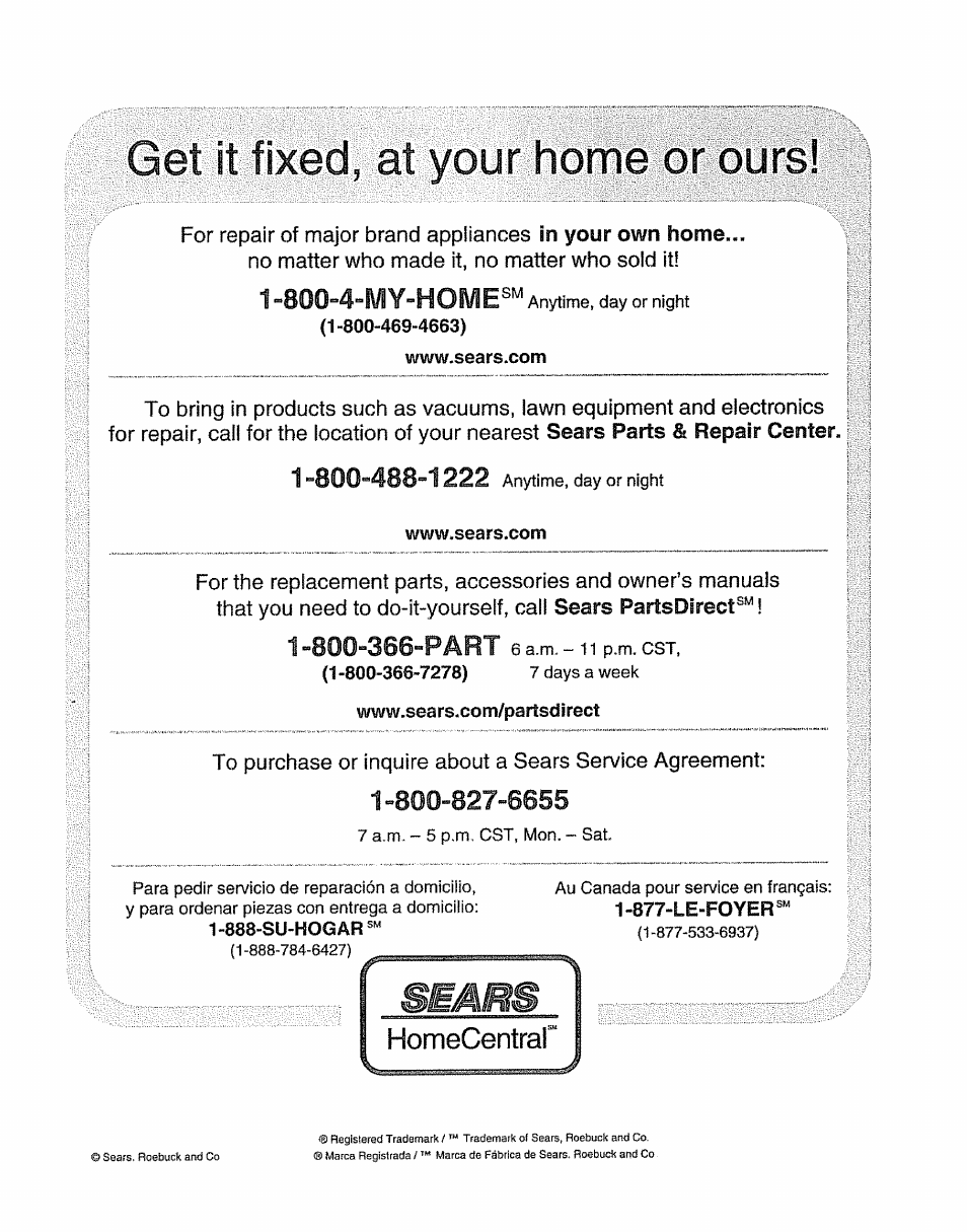 Get it fixed, at your home or ours, Homecentral | Kenmore 5065 User Manual | Page 24 / 24