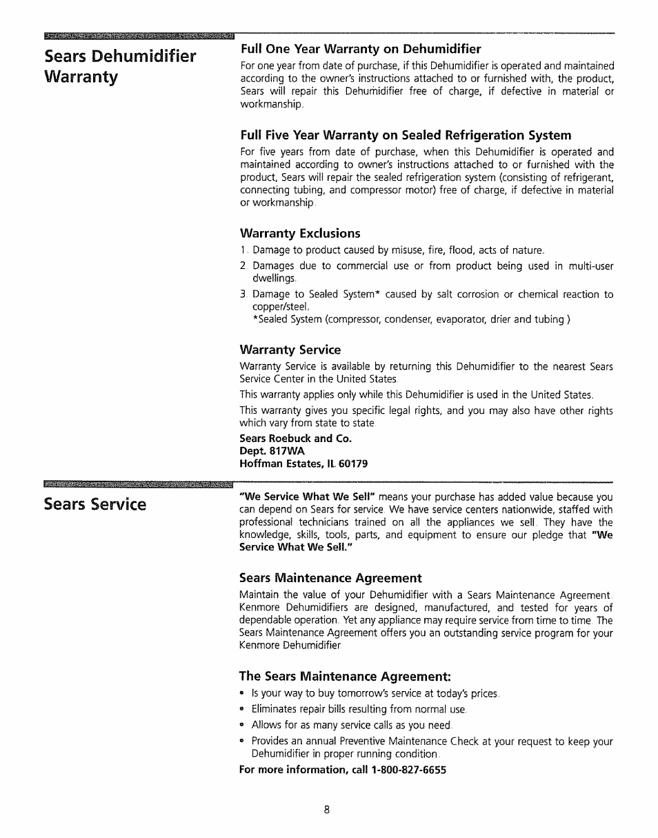 Fulj one year warranty on dehumidifier, Warranty exclusions, Warranty service | Sears maintenance agreement, The sears maintenance agreement, Sears dehumidifier warranty, Sears service | Kenmore 5065 User Manual | Page 8 / 24