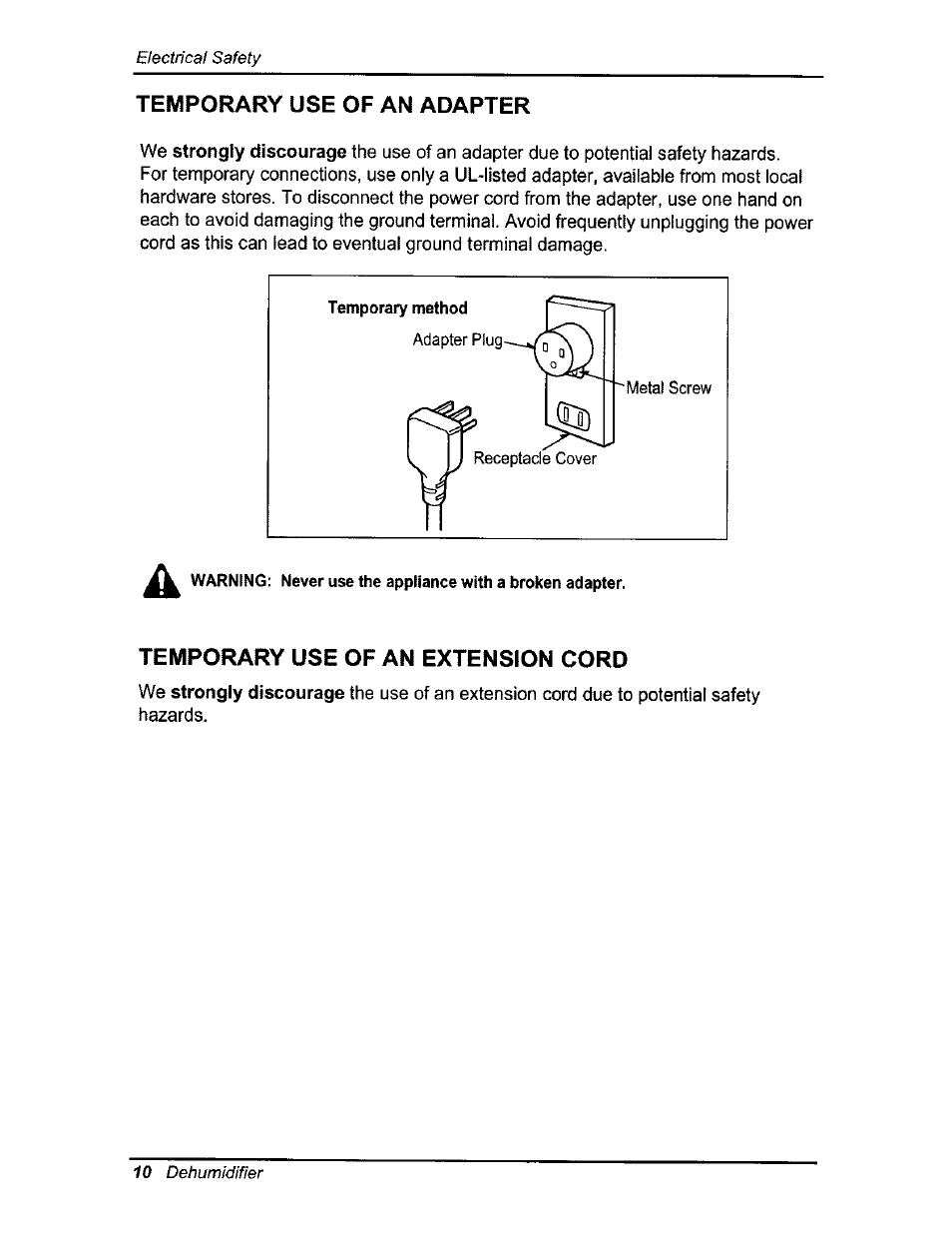 Temporary use of an adapter, Temporary use of an extension cord | Kenmore 580.54701 User Manual | Page 10 / 32