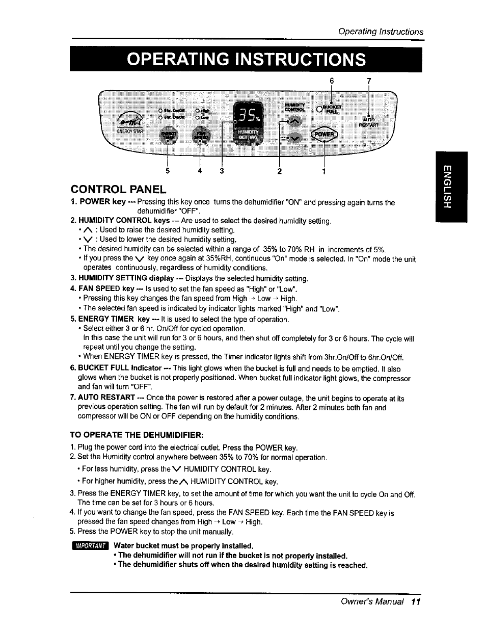 Operating instructions, To operate the dehumidifier | Kenmore 580.54701 User Manual | Page 11 / 32