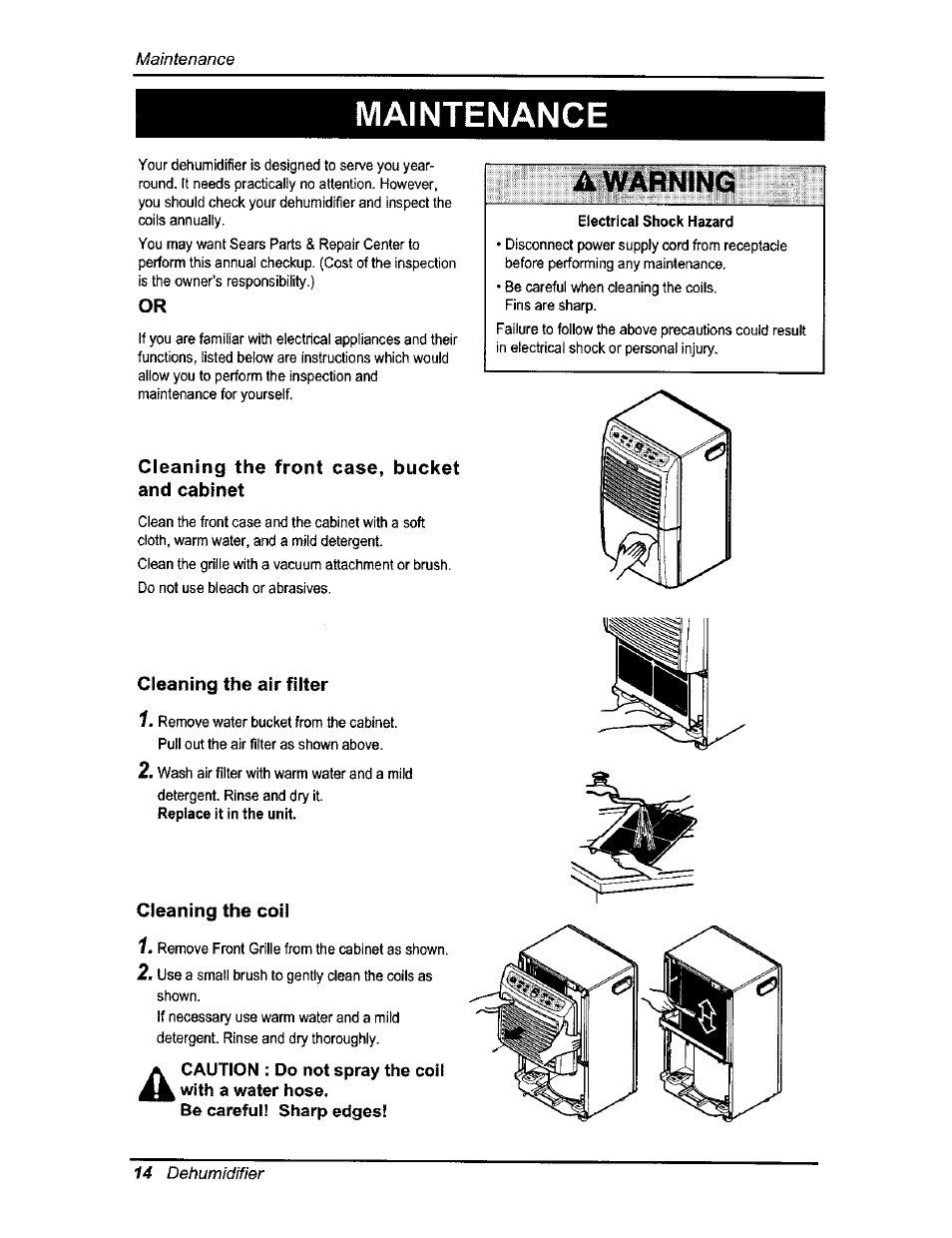 Maintenance, Caution : do not spray the coil with a water hose, Be careful! sharp edges | Ik .warn ing | Kenmore 580.54701 User Manual | Page 14 / 32