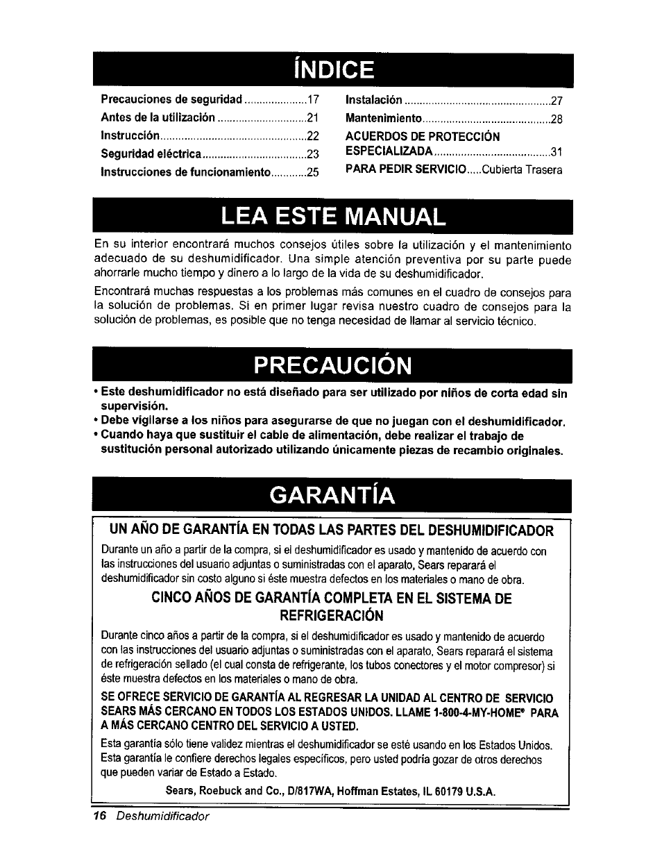 Indice, Lea este manual, Precaucion | Garantía | Kenmore 580.54701 User Manual | Page 16 / 32