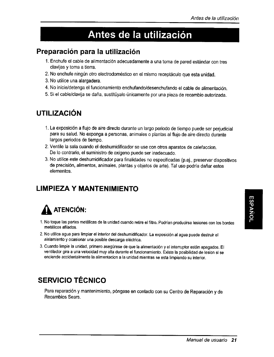 Antes de la utilización, Preparación para la utilización, Utilizacion | Limpieza y mantenimiento, Atención, Servicio técnico | Kenmore 580.54701 User Manual | Page 21 / 32