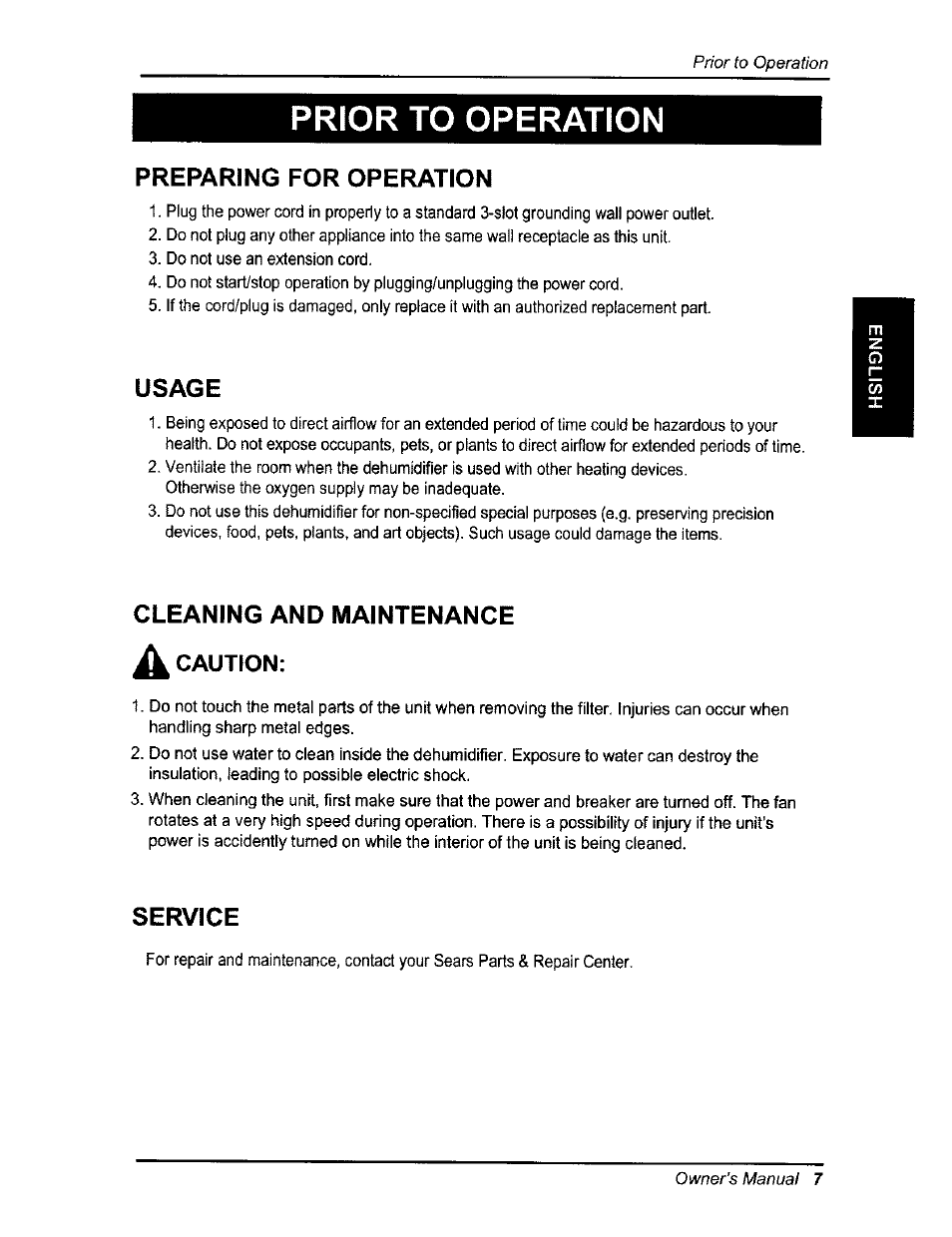 Prior to operation, Preparing for operation, Usage | Cleaning and maintenance a caution, Service | Kenmore 580.54701 User Manual | Page 7 / 32