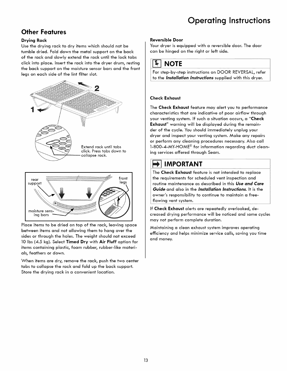 Operating instructions, Other features, Important | Kenmore 417.8413 User Manual | Page 13 / 20