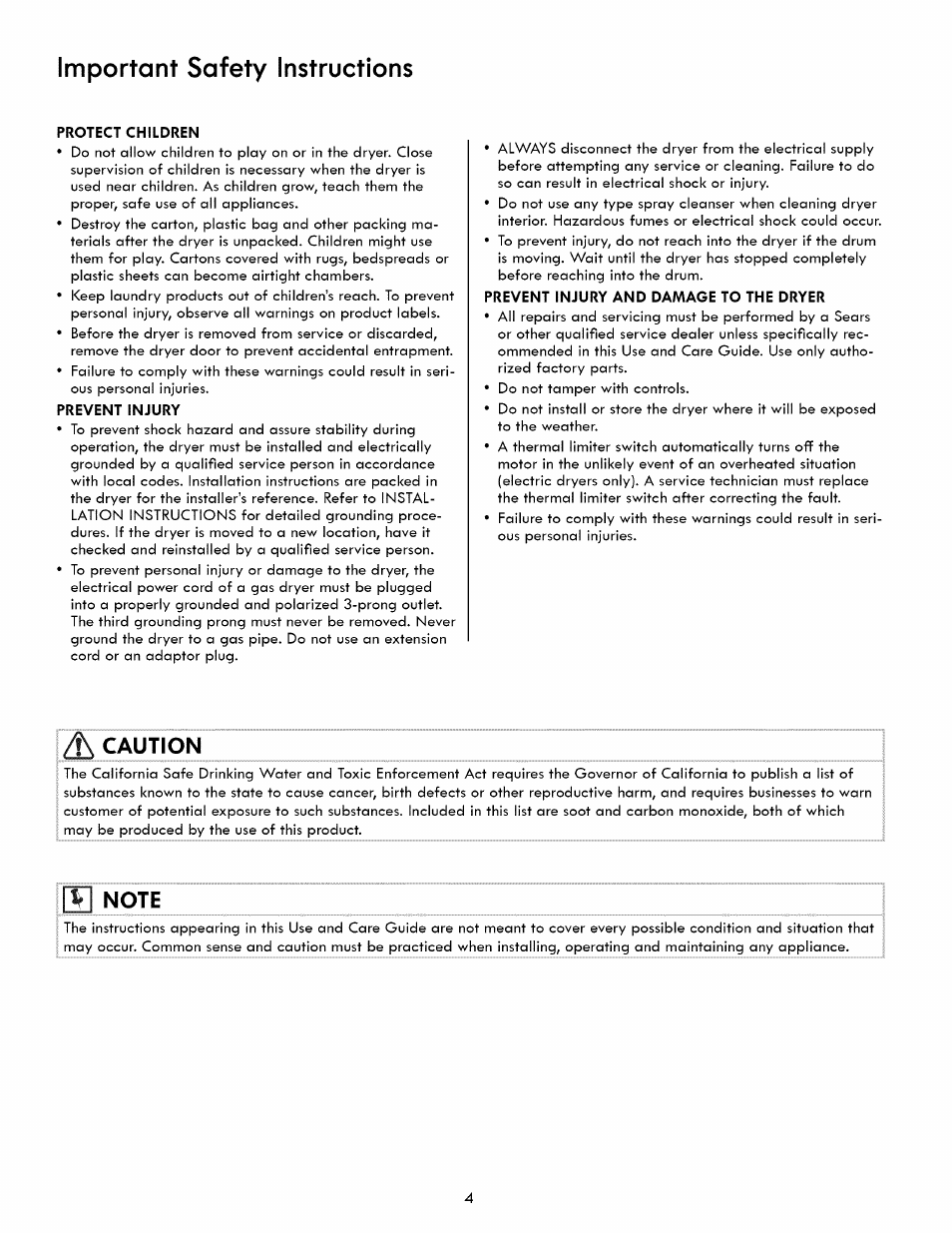 Protect children, Prevent injury, Prevent injury and damage to the dryer | A caution, Important safety instructions | Kenmore 417.8413 User Manual | Page 4 / 20