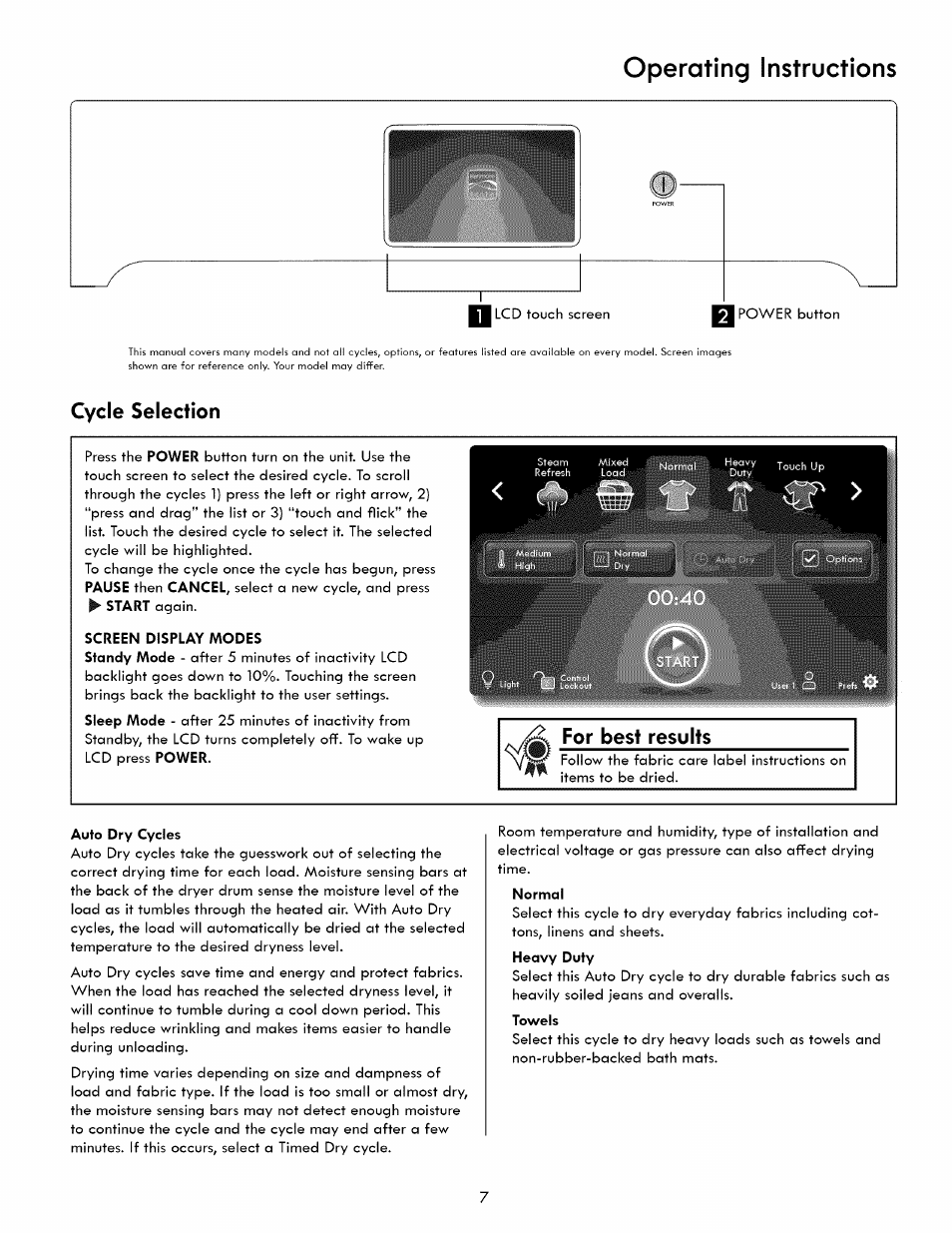 Operating instructions, Cycle selection, For best results | Kenmore 417.8413 User Manual | Page 7 / 20