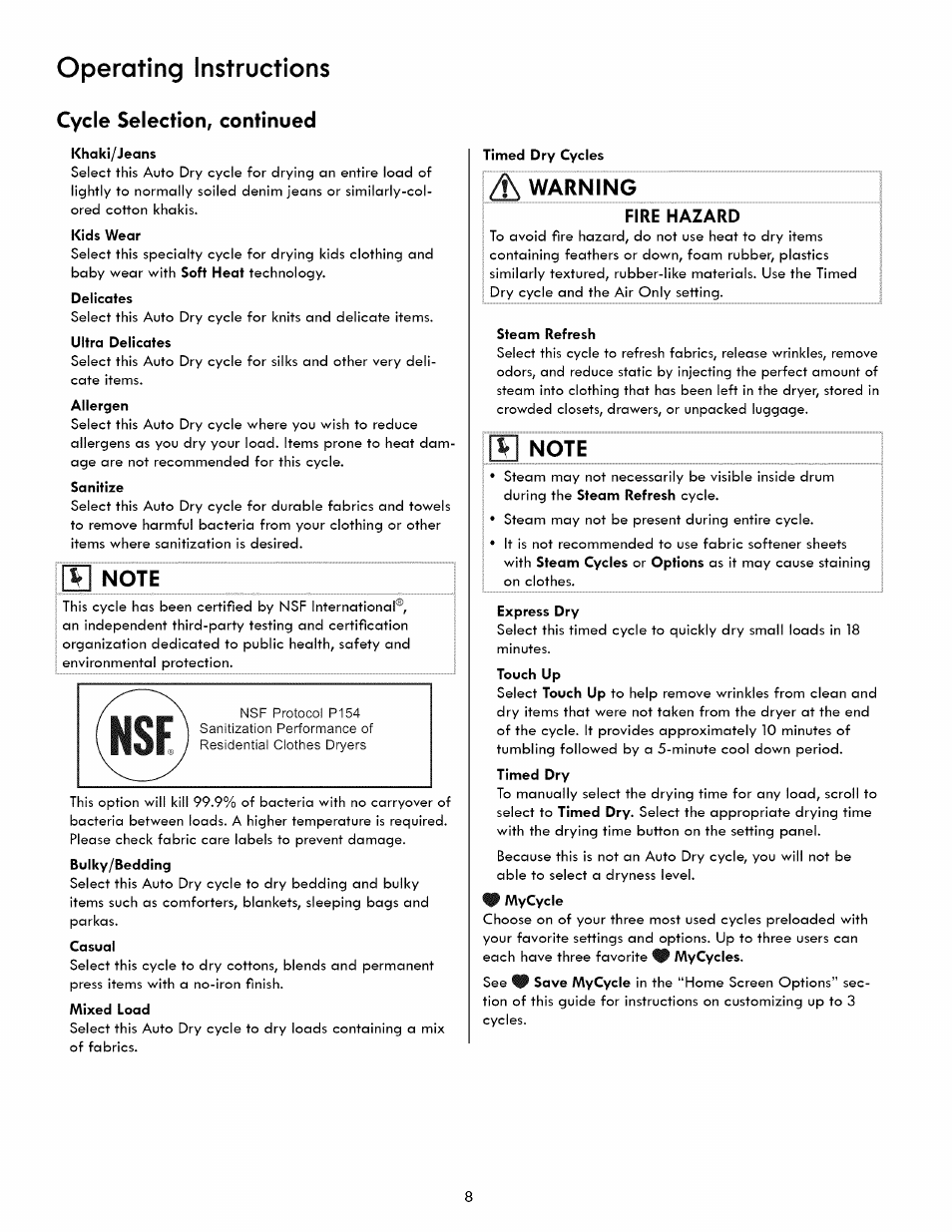 Cycle selection, continued, Warning, Operating instructions | Fire hazard i | Kenmore 417.8413 User Manual | Page 8 / 20