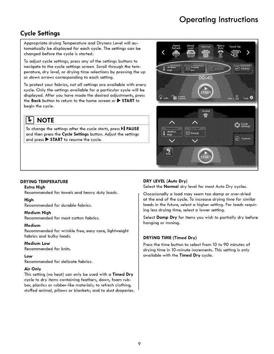 Operating instructions, Cycle settings | Kenmore 417.8413 User Manual | Page 9 / 20