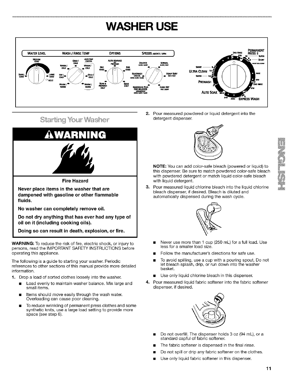 Washer use, Awarning | Kenmore 110.24975 User Manual | Page 11 / 56