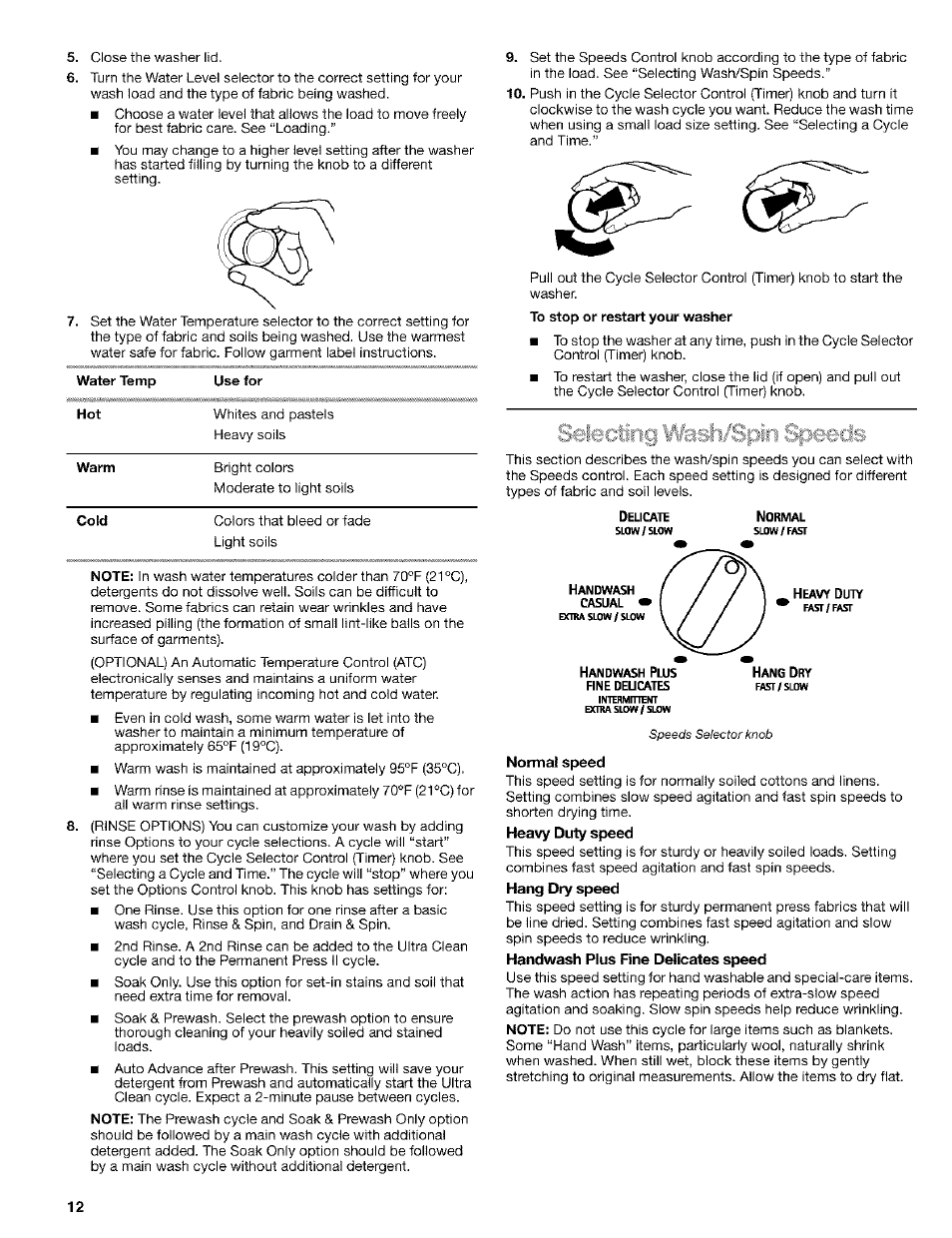 Water temp, To stop or restart your washer, Hang dry | Normal speed, Heavy duly speed, Hang dry speed, Handwash plus fine délicates speed, Selecting ifash/spin speecjs | Kenmore 110.24975 User Manual | Page 12 / 56