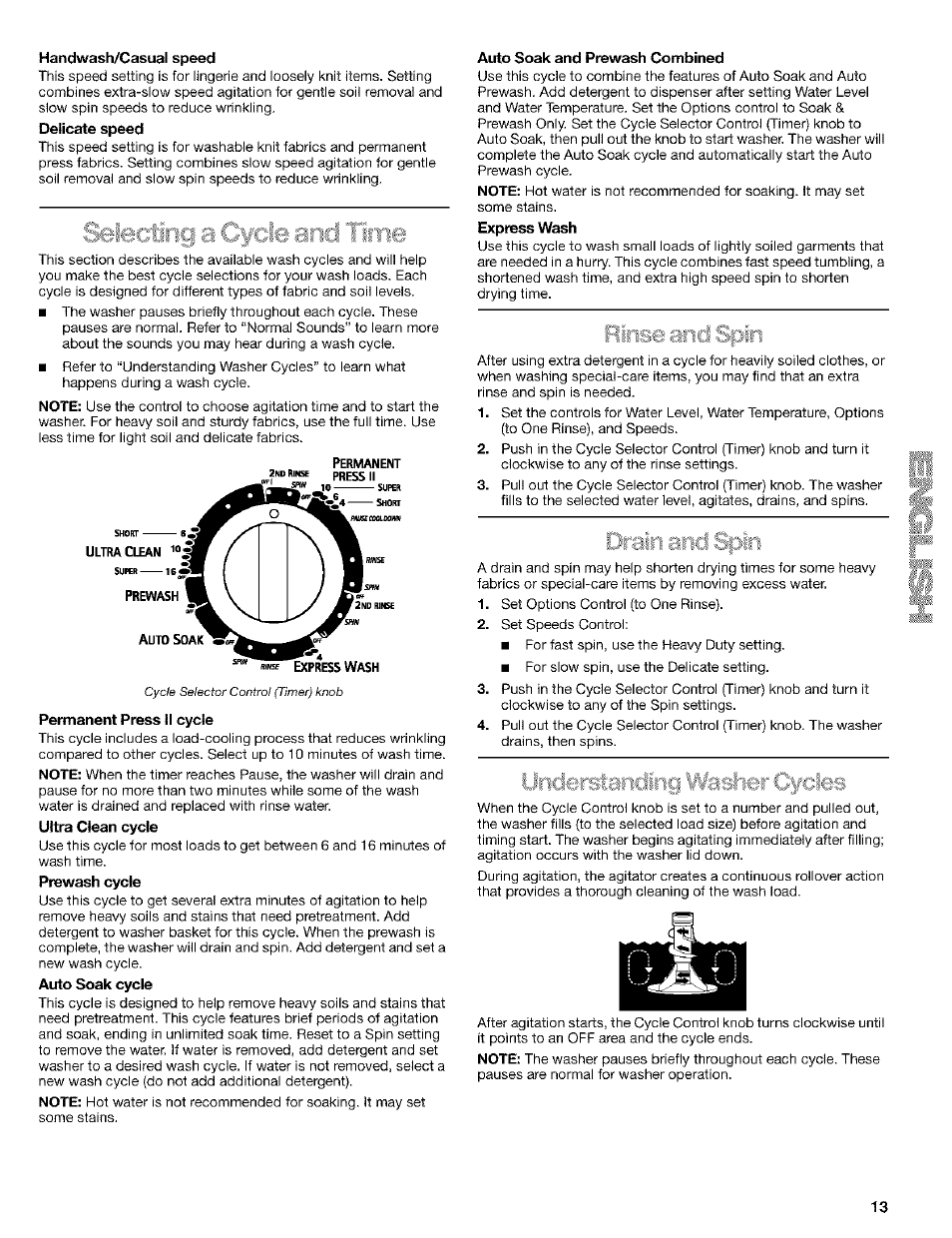 Handwash/casual speed, Delicate speed, Permanent press ii cycle | Ultra clean cycle, Prewash cycle, Auto soak cycle, Auto soak and prewash combined, Express wash, I iim | Kenmore 110.24975 User Manual | Page 13 / 56