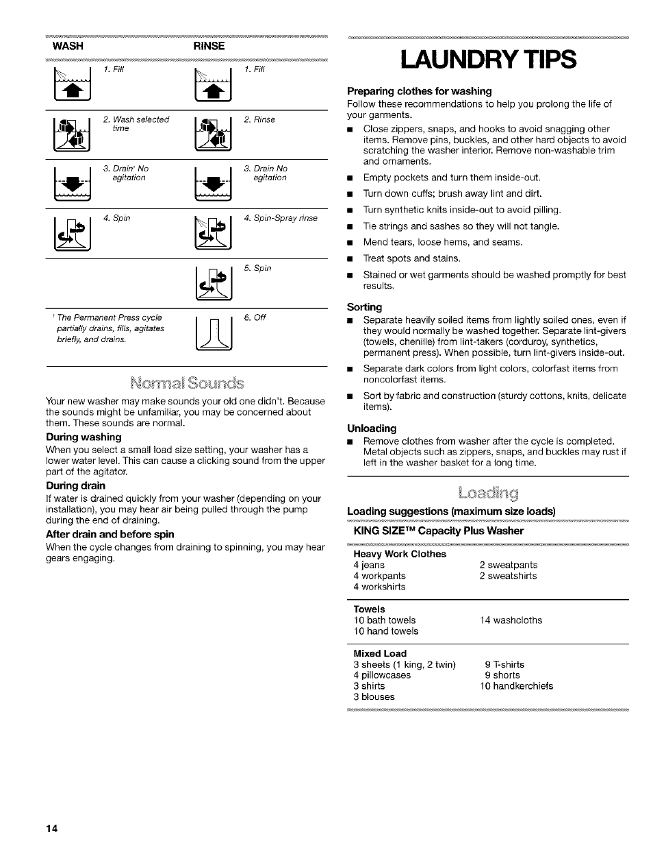 Wash, Rinse, During washing | During drain, After drain and before spin, Laundry tips, Preparing clothes for washing, Sorting, Unloading, Heavy work clothes | Kenmore 110.24975 User Manual | Page 14 / 56