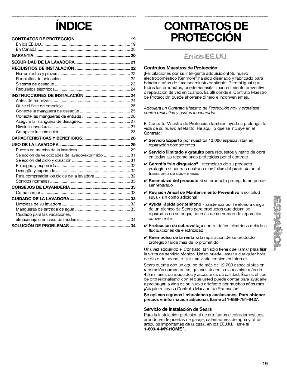 Indice, Contratos de protección, Contratos maestros de protección | Servicio de instalación de sears | Kenmore 110.24975 User Manual | Page 19 / 56